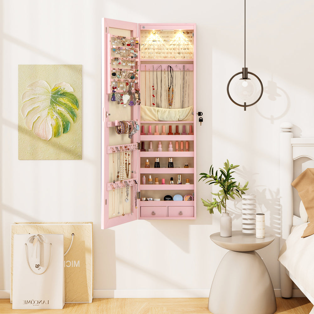 Wall and Door Mounted Mirrored Jewelry Cabinet with Lights-Pink - Gallery View 1 of 10