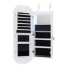 Wall and door mounted mirror jewelry cabinet with 108 earring slots, 24 necklace hooks, and adjustable LED lighting.