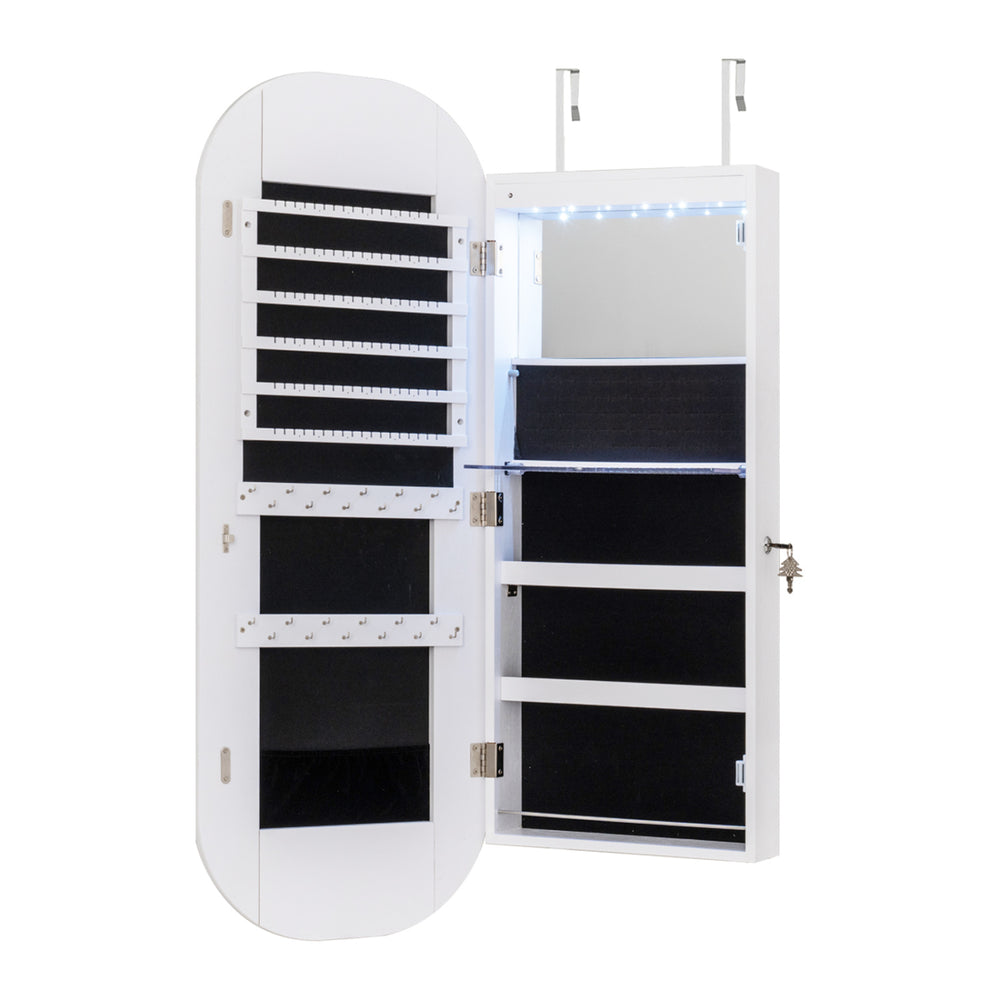Wall and door mounted mirror jewelry cabinet with 108 earring slots, 24 necklace hooks, and adjustable LED lighting.