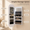 Wall and door mounted mirror jewelry cabinet with 108 earring slots, 65 ring slots, and adjustable LED lighting for organization.