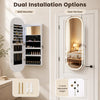 Jewelry cabinet with dual installation options, featuring a built-in vanity mirror, 6 LED lights, and adjustable height hooks.