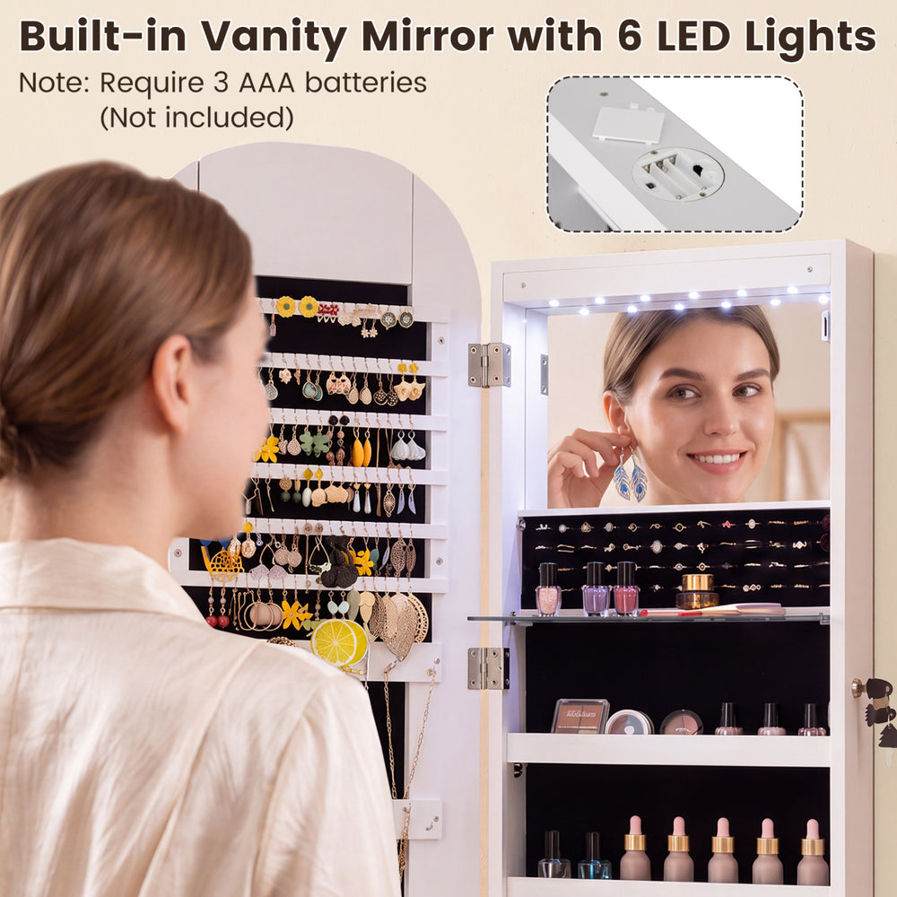Wall and door mounted jewelry cabinet with built-in vanity mirror, 6 LED lights, and ample storage for earrings and necklaces.