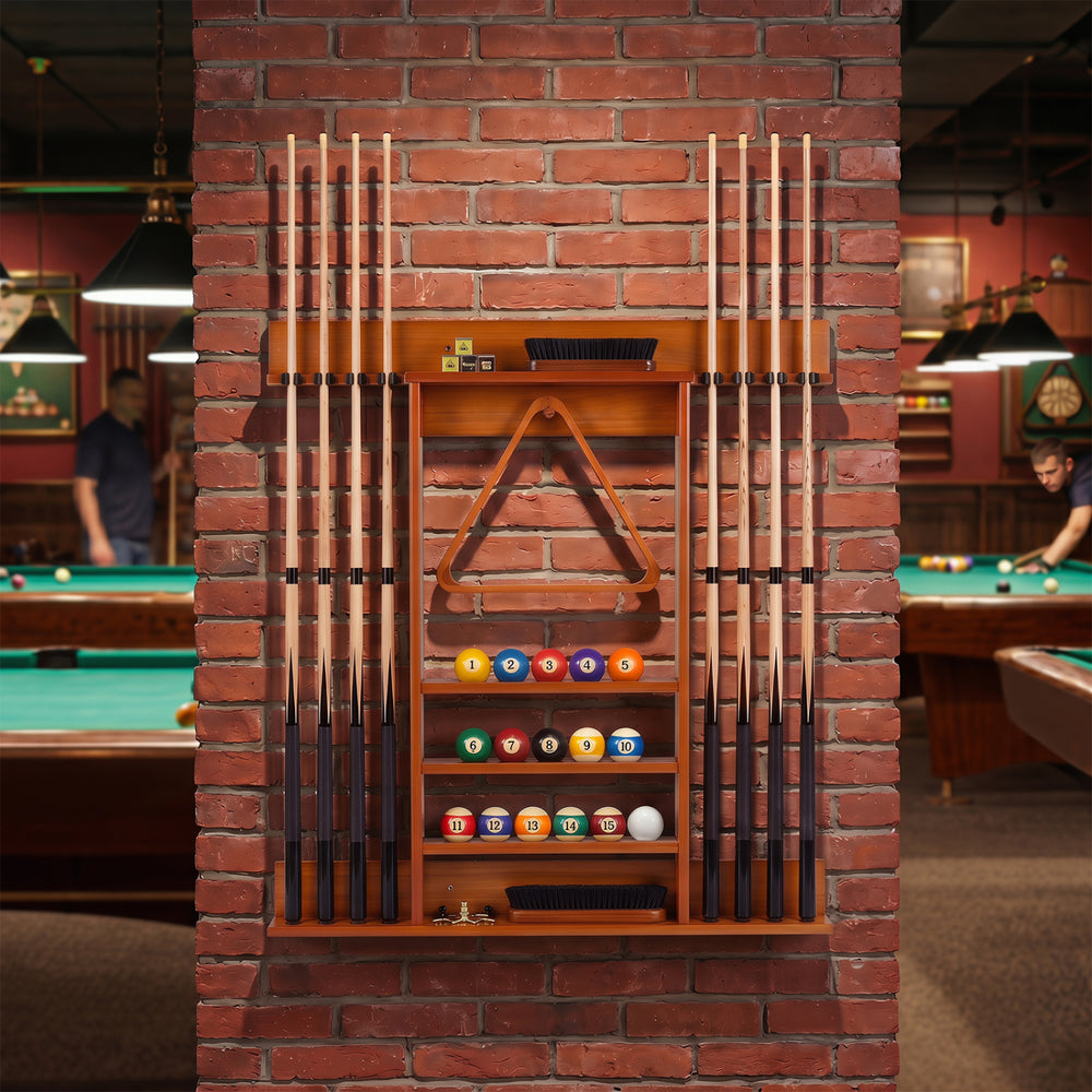 Wall-mounted billiards pool cue rack in brown, made of solid pine wood, with storage for 8 cues and 15 balls.