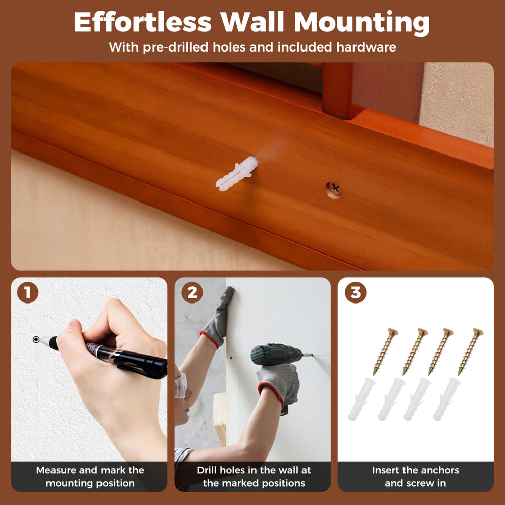 Wall-mounted billiards pool cue rack in brown, made of solid pine wood, featuring clips for 8 cues and 3-tier ball.