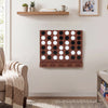 Wall-mounted Connect-4 game in walnut finish features acrylic discs and a space-saving design for easy play.