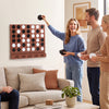 Wall-mounted metal Connect-4 game in walnut with acrylic discs, perfect for family fun in game rooms or basements.