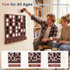 Wall-mounted metal Connect-4 game in walnut finish with sleek acrylic discs, perfect for family fun in game rooms.