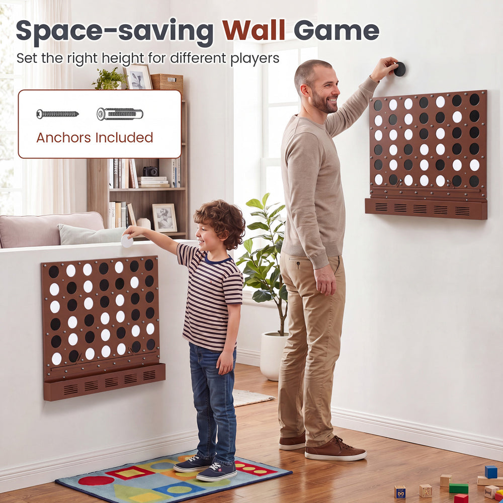 Wall-mounted metal Connect-4 game in walnut finish with acrylic discs, perfect for family fun in game rooms or garages.