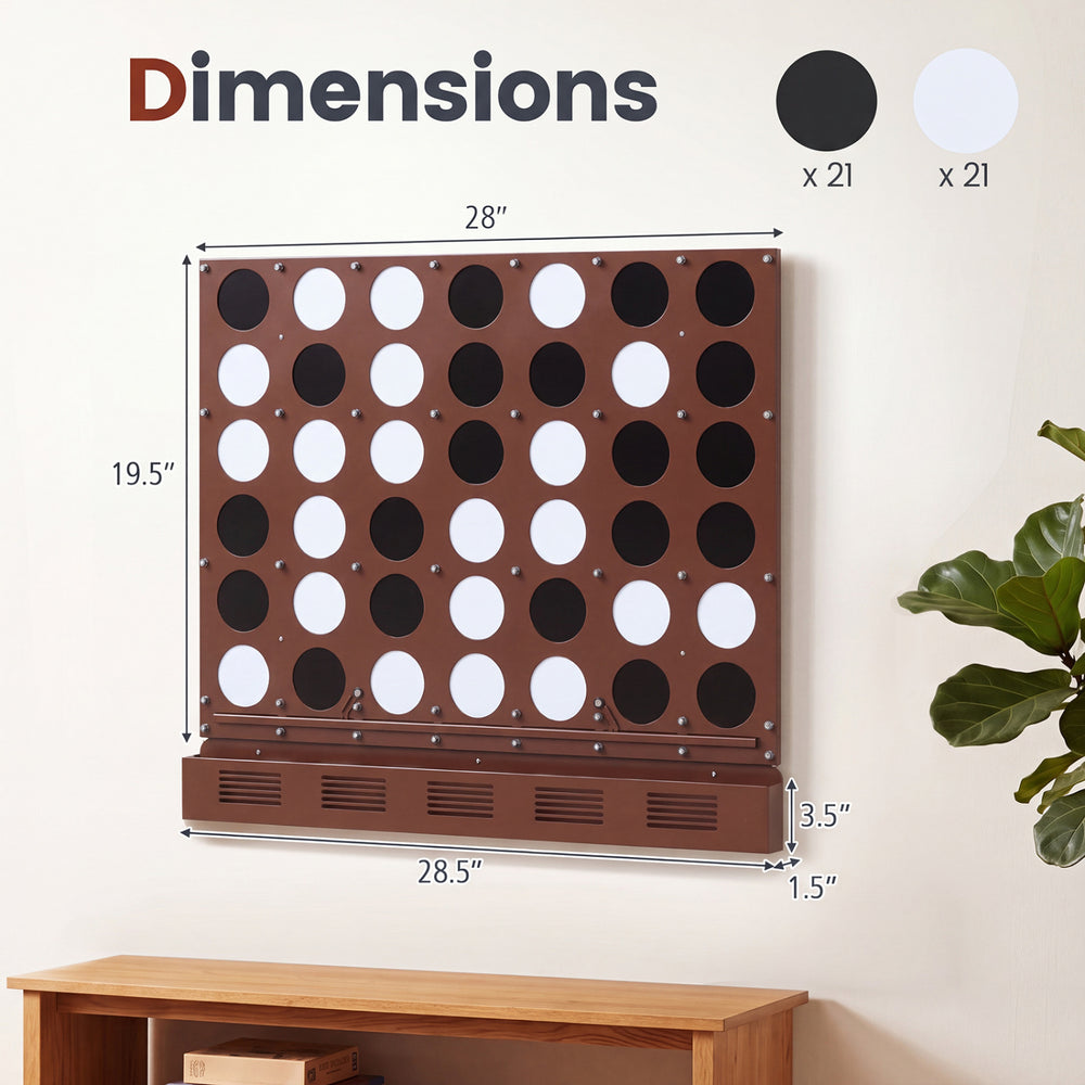 Wall-mounted Metal Connect-4 game in walnut with 28.5" x 19.5" dimensions and sleek acrylic discs for easy play.