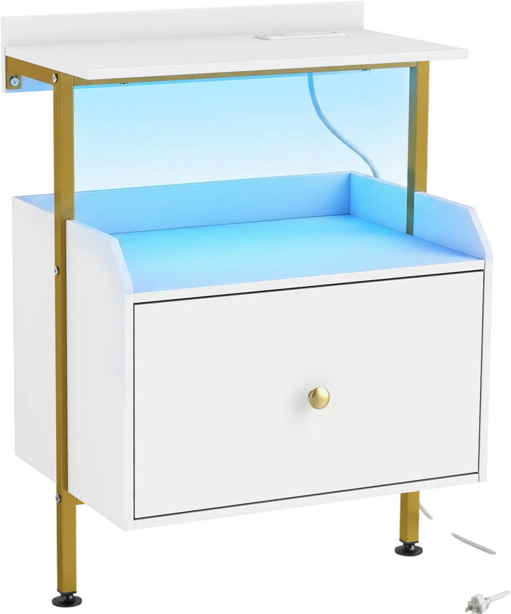 Wall-mounted nightstand with RGB LED lights, deep storage drawer, and remote control for modern bedroom convenience.
