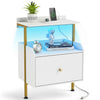 Wall-mounted nightstand in white with RGB LED lights, remote control, and two open shelves for versatile storage.