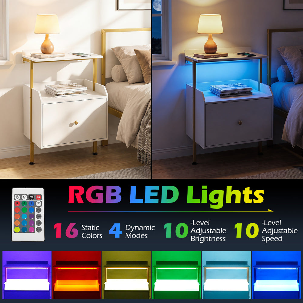 Wall-mounted nightstand in white with RGB LED lights, remote control, and charging station for stylish bedroom decor.