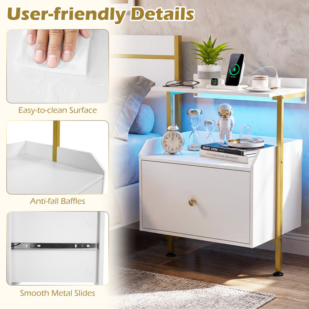 Wall-mounted nightstand with LED lights, charging station, anti-fall baffles, and smooth metal slides for bedroom use.
