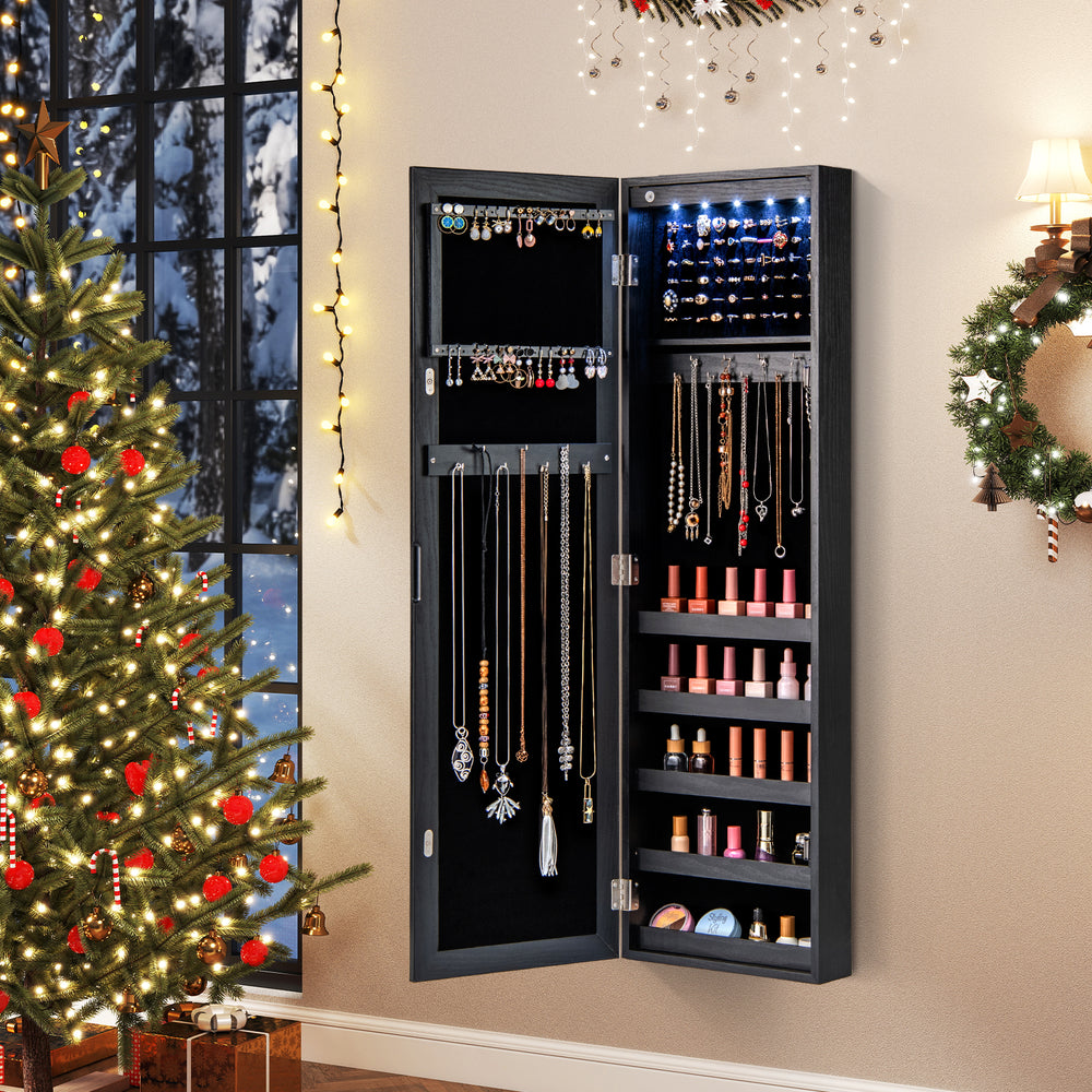 Wall or Door Mounted Jewelry Cabinet with Full-Length Mirror and LED Lights-Black - Gallery View 1 of 11