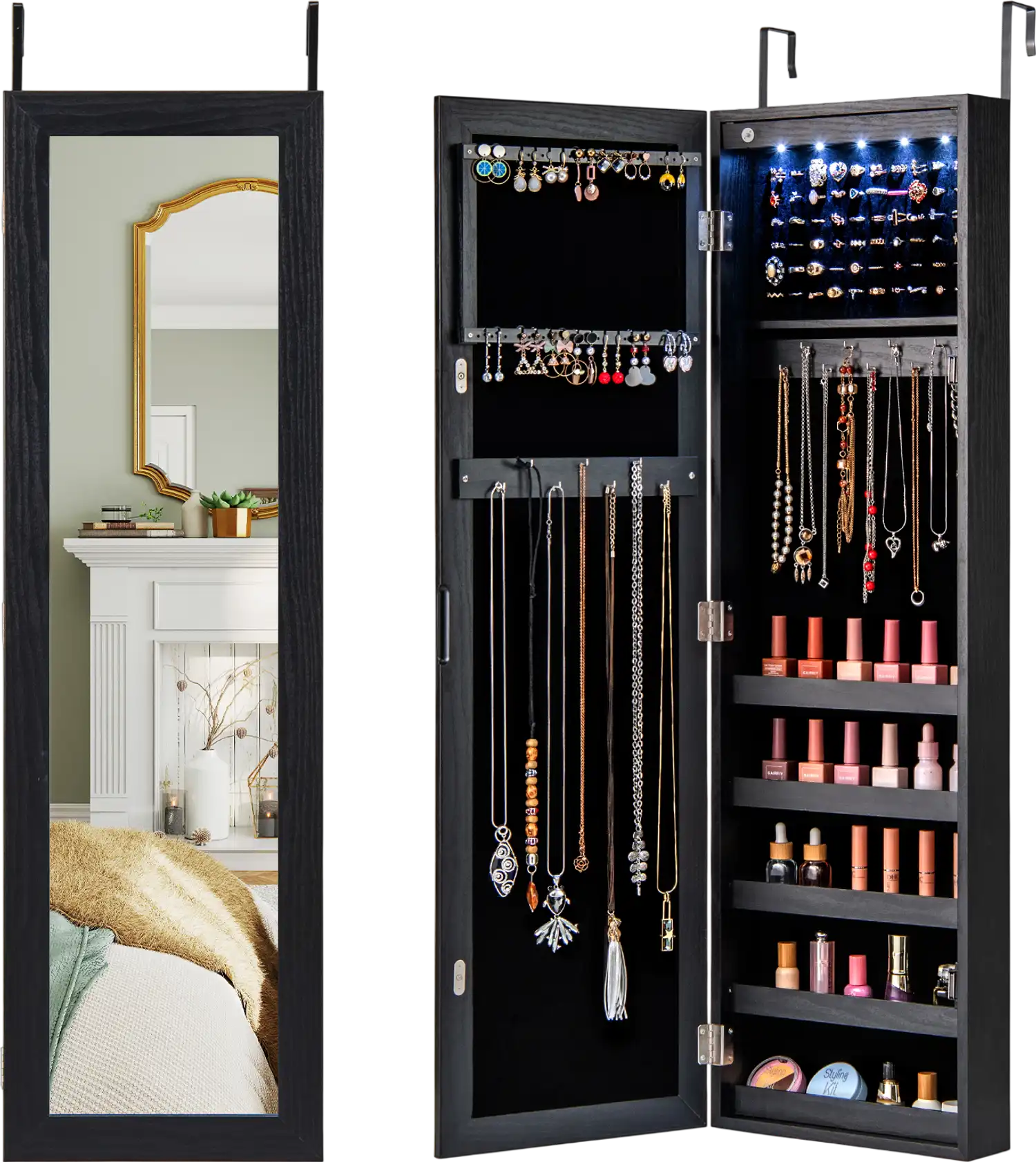Costway Wall/Door Mounted Jewelry Armoire Cabinet Full-Length Mirror LED Lights 64218889 New