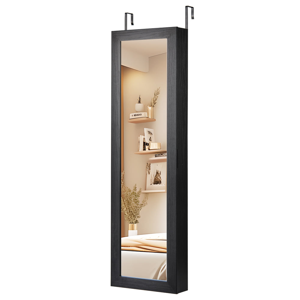 Full-length mirror with jewelry cabinet in black, featuring LED lights and wall or door mounted design for space-saving.