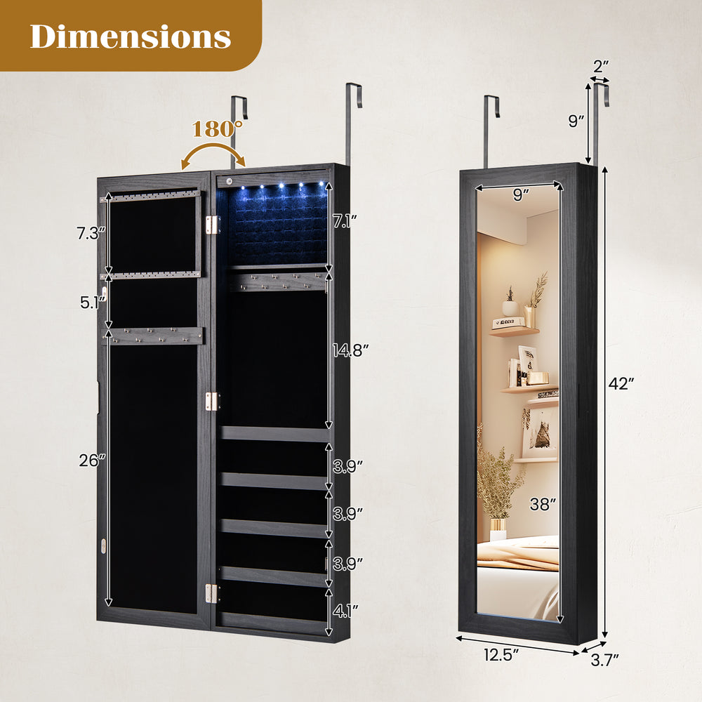 Wall-mounted jewelry cabinet with full-length mirror, LED lights, and generous storage for organized jewelry access.