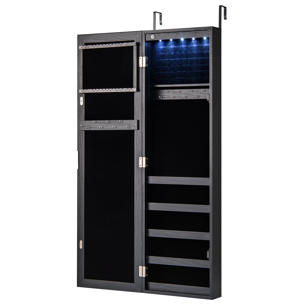 Interior view of black jewelry cabinet showing LED lights, velvet lining, and multiple storage shelves for organized.