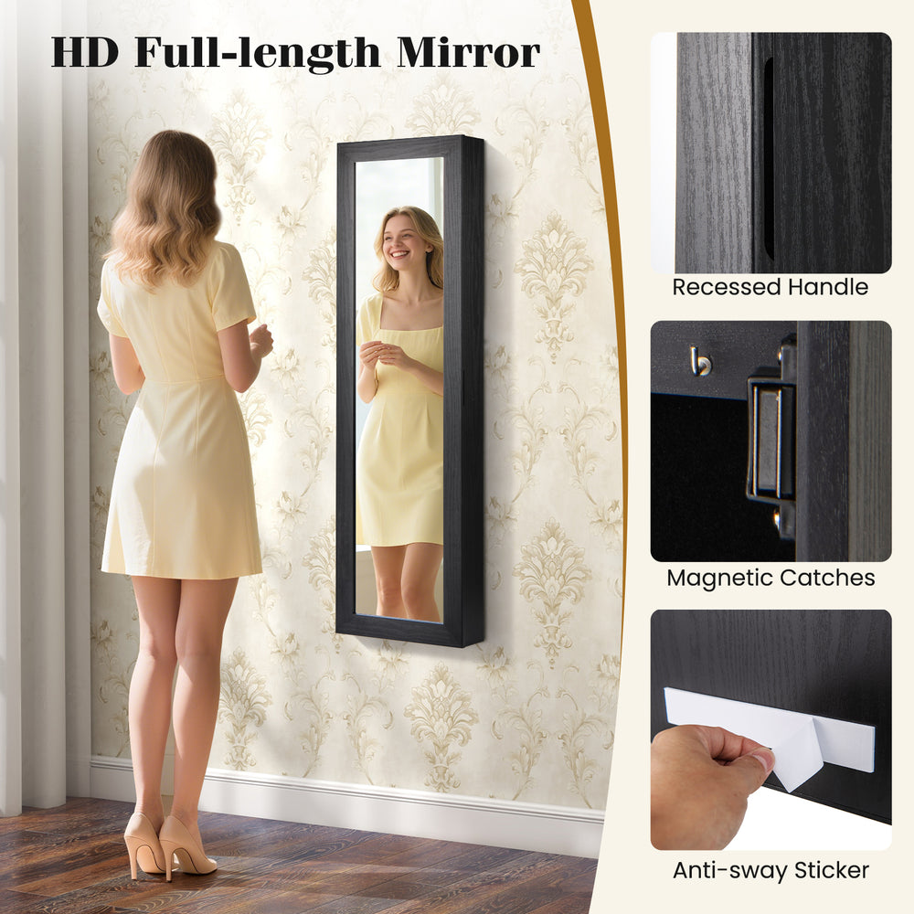 Wall-mounted jewelry cabinet with full-length mirror, LED lights, and recessed handle for easy access and organization.