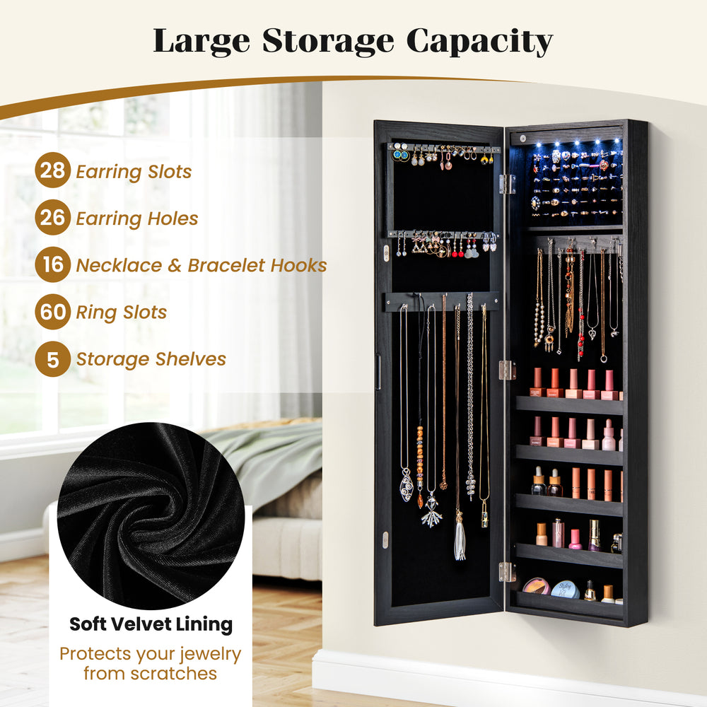Wall-mounted jewelry cabinet in black with LED lights, featuring 28 earring slots and soft velvet lining for protection.