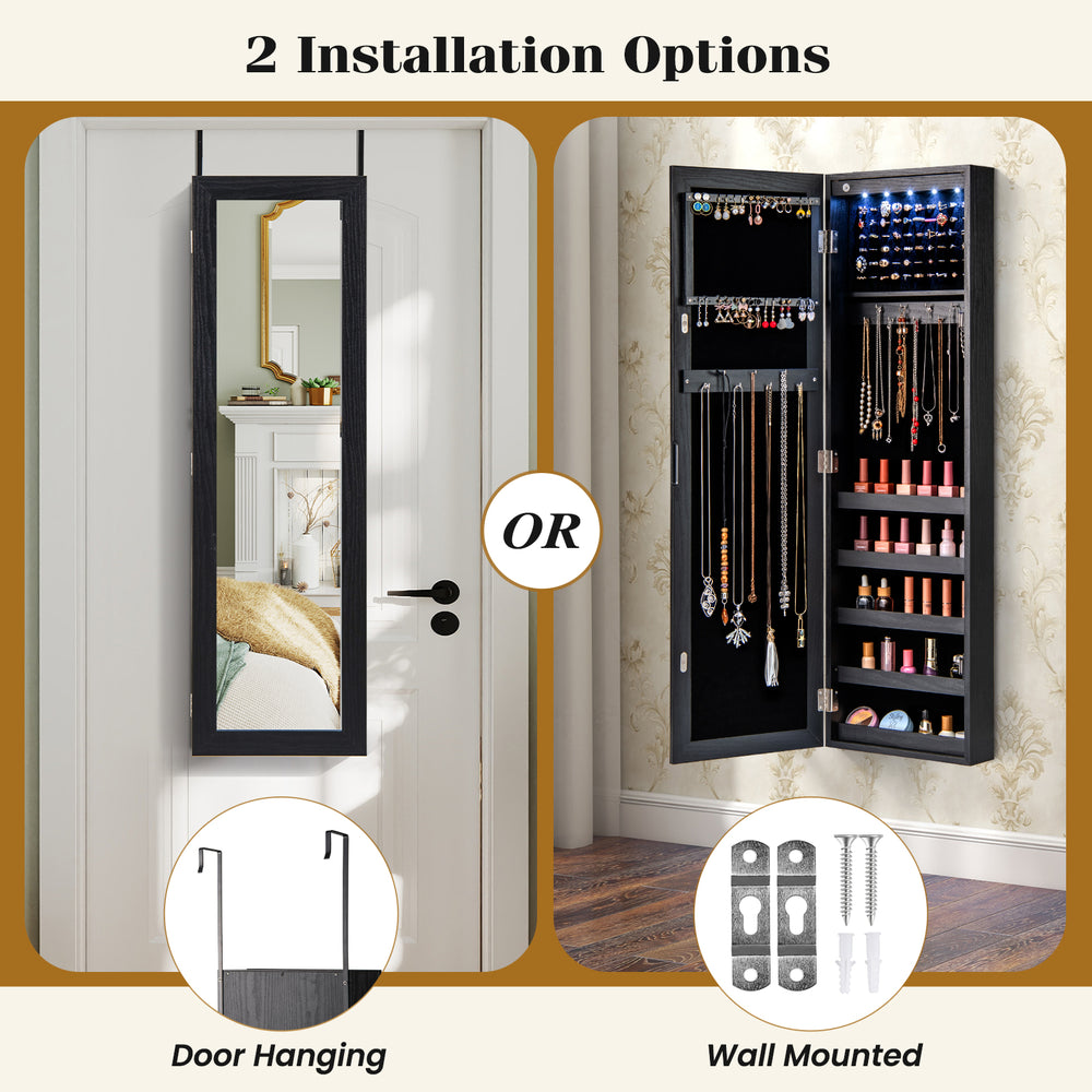 Jewelry cabinet with full-length mirror, LED lights, and dual installation options for door or wall mounting.