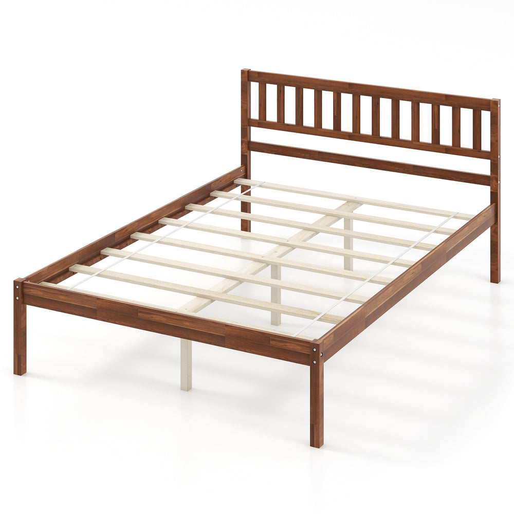 Full-size wood bed frame with headboard, sturdy slat support, and 12" storage space underneath for efficient.