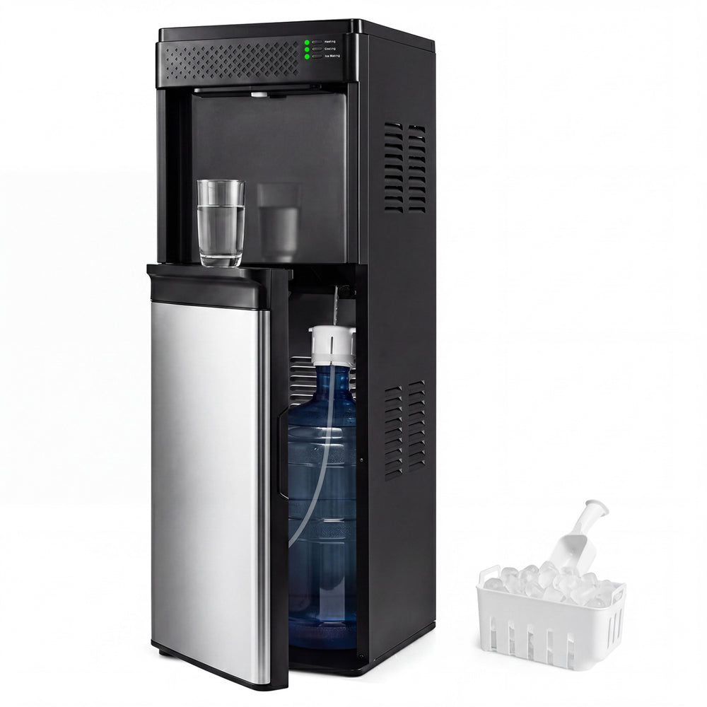3-in-1 bottom loading water dispenser with ice maker, featuring hot and cold water, and easy bottle replacement.