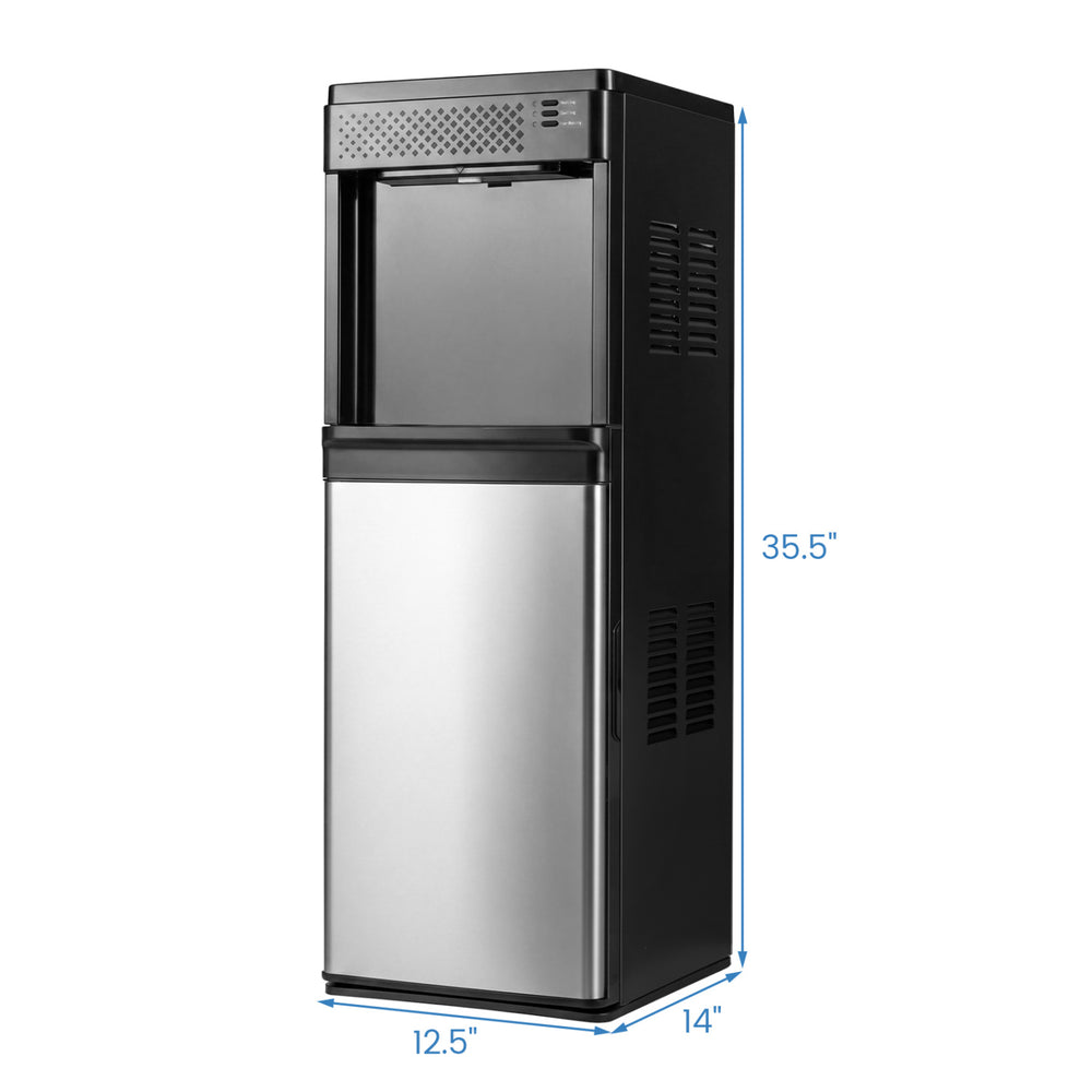 3-in-1 bottom loading water dispenser with ice maker, featuring a sleek black design and dimensions of 35.5" x 12.5" x.