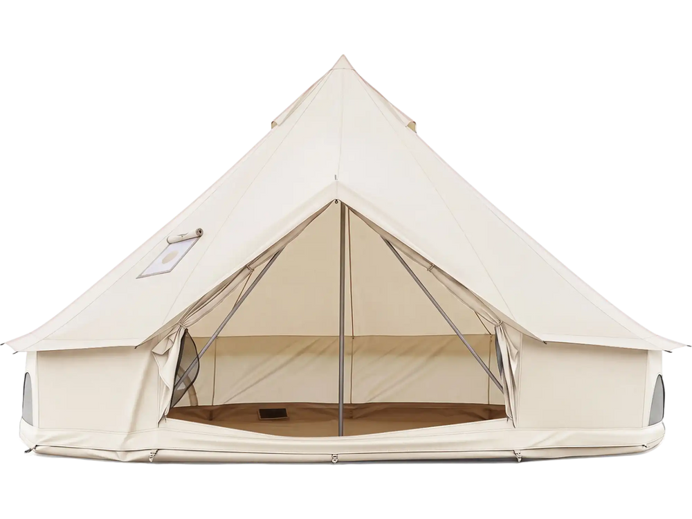 Waterproof bell tent with stove jack features mesh windows, accommodates 6-8 people, ideal for family camping trips.