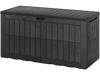 Black waterproof lockable outdoor deck box with wicker texture, 120 Gal capacity for tools and cushions, doubles as a.