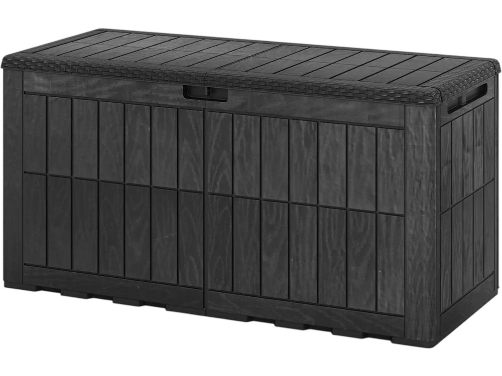Black waterproof lockable outdoor deck box with wicker texture, 120 Gal capacity for tools and cushions, doubles as a.