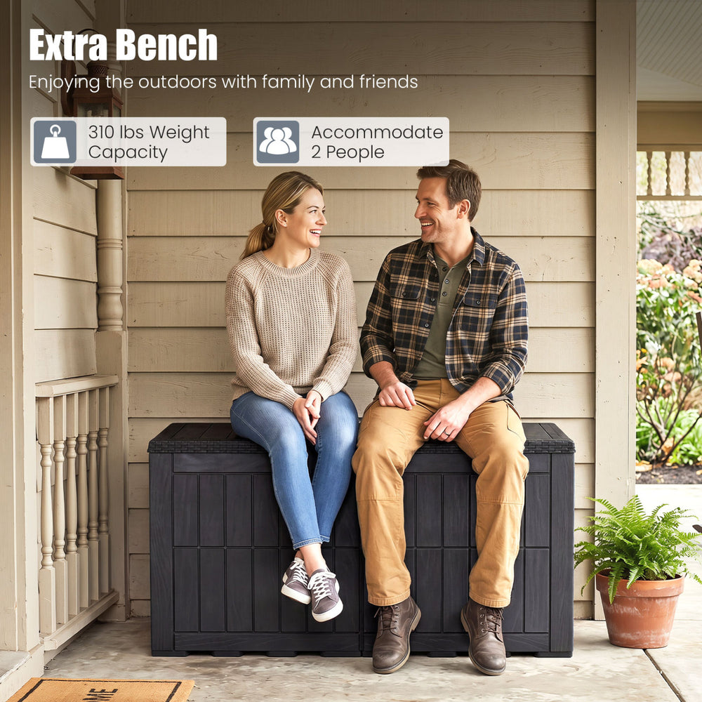 Extra bench with waterproof lockable outdoor deck box, black, accommodating 2 people for outdoor enjoyment.