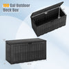 Waterproof lockable outdoor deck box in black, 120 Gal capacity, ideal for storing cushions and tools, with seating for.