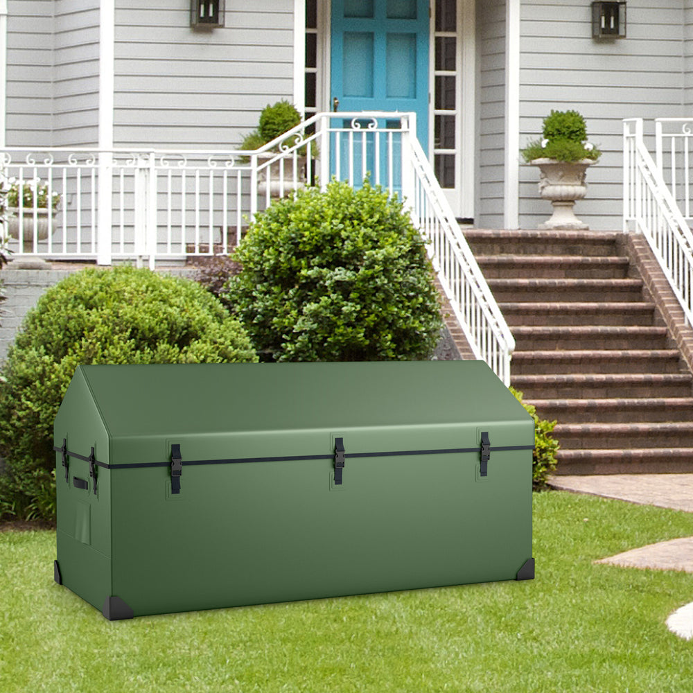 Waterproof outdoor storage box in green with ventilated window, 174-gallon capacity, ideal for organizing gardening.