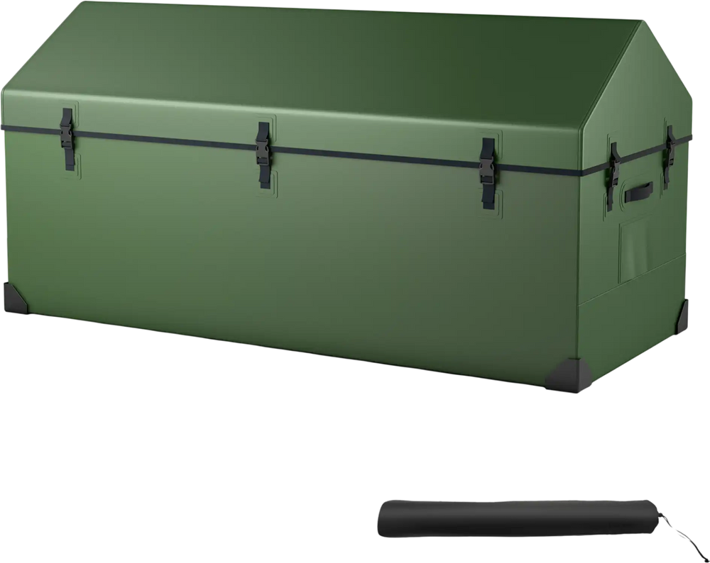 Spacious waterproof outdoor storage box in green with ventilated window, 174-gallon capacity, and durable metal frame.