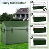Waterproof outdoor storage box in green with ventilated window, 174-gallon capacity, and easy installation features.