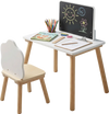 Weaning table features a chalkboard and solid pine wood legs, complemented by a cute chair with a comfortable backrest.
