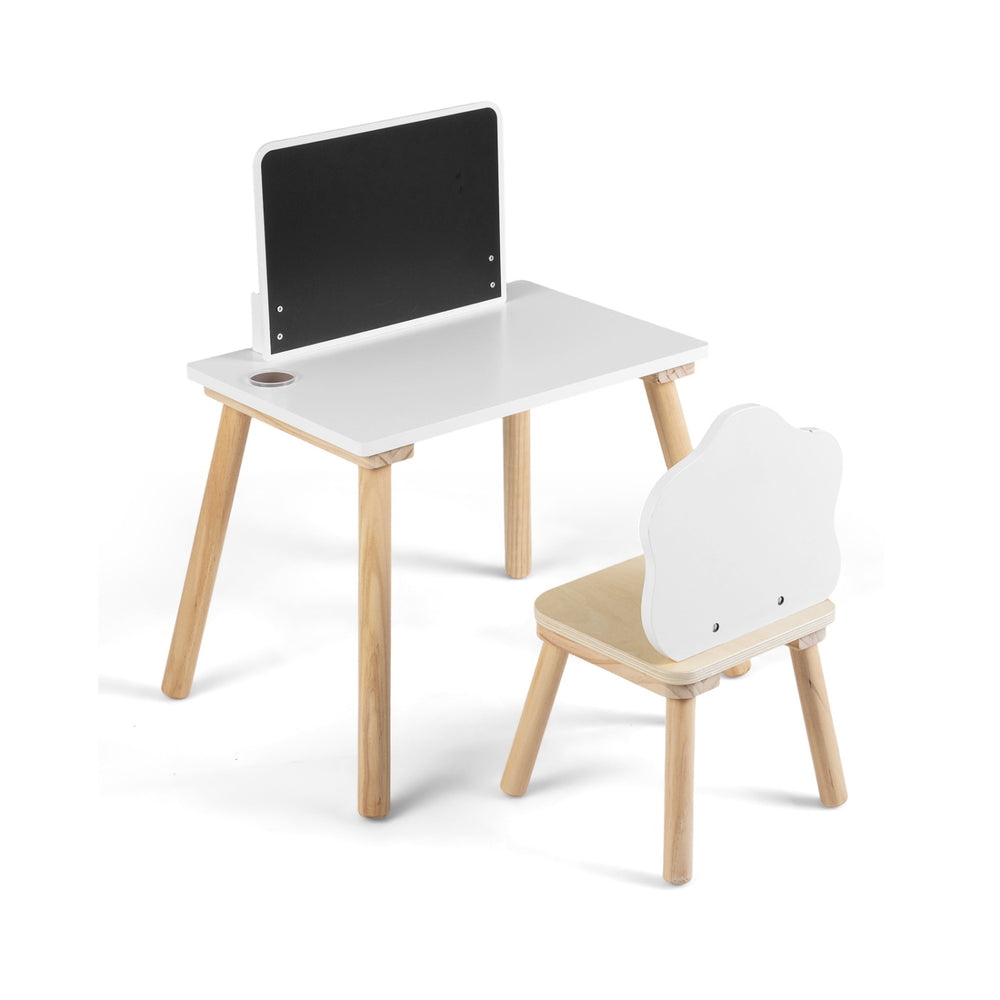 Weaning table and chair set with chalkboard, solid pine wood legs, ideal for playtime and drawing activities.