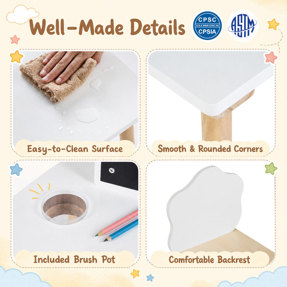 Weaning table and chair set features a chalkboard, solid pine wood legs, and a comfortable backrest for kids' activities.