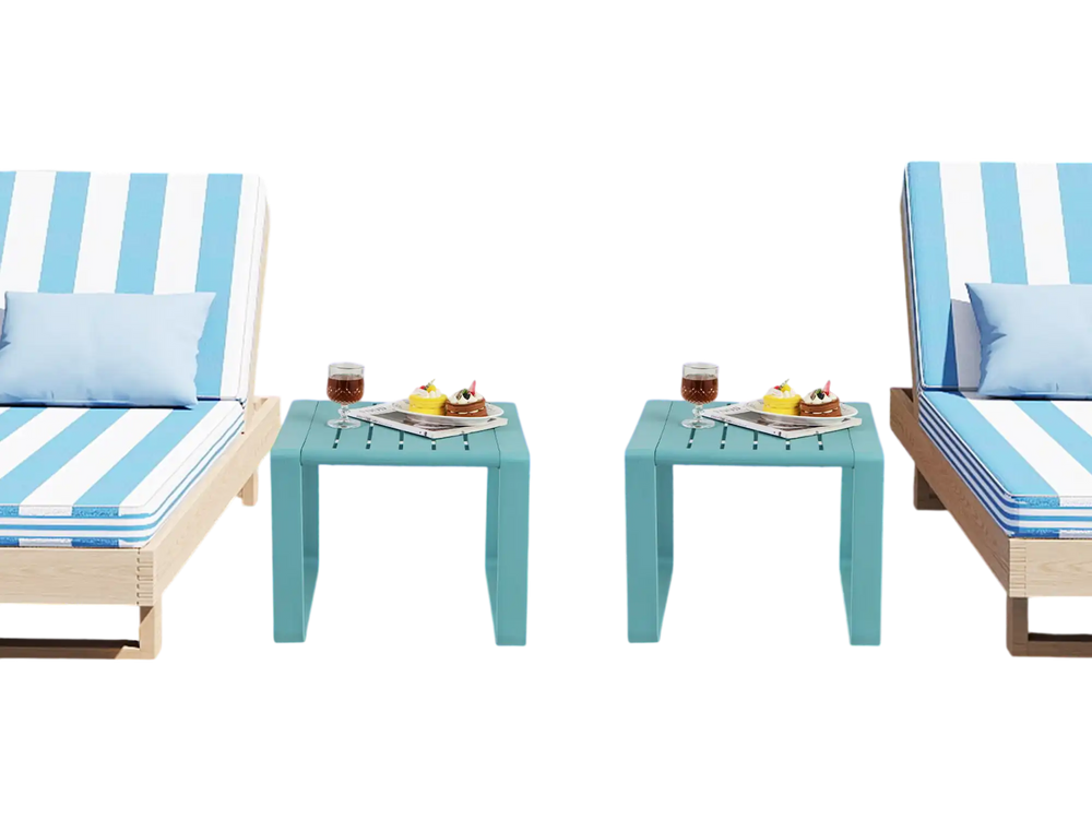 Blue weather-resistant Adirondack outdoor side table set of 2, perfect for patio or poolside use, featuring a smooth.