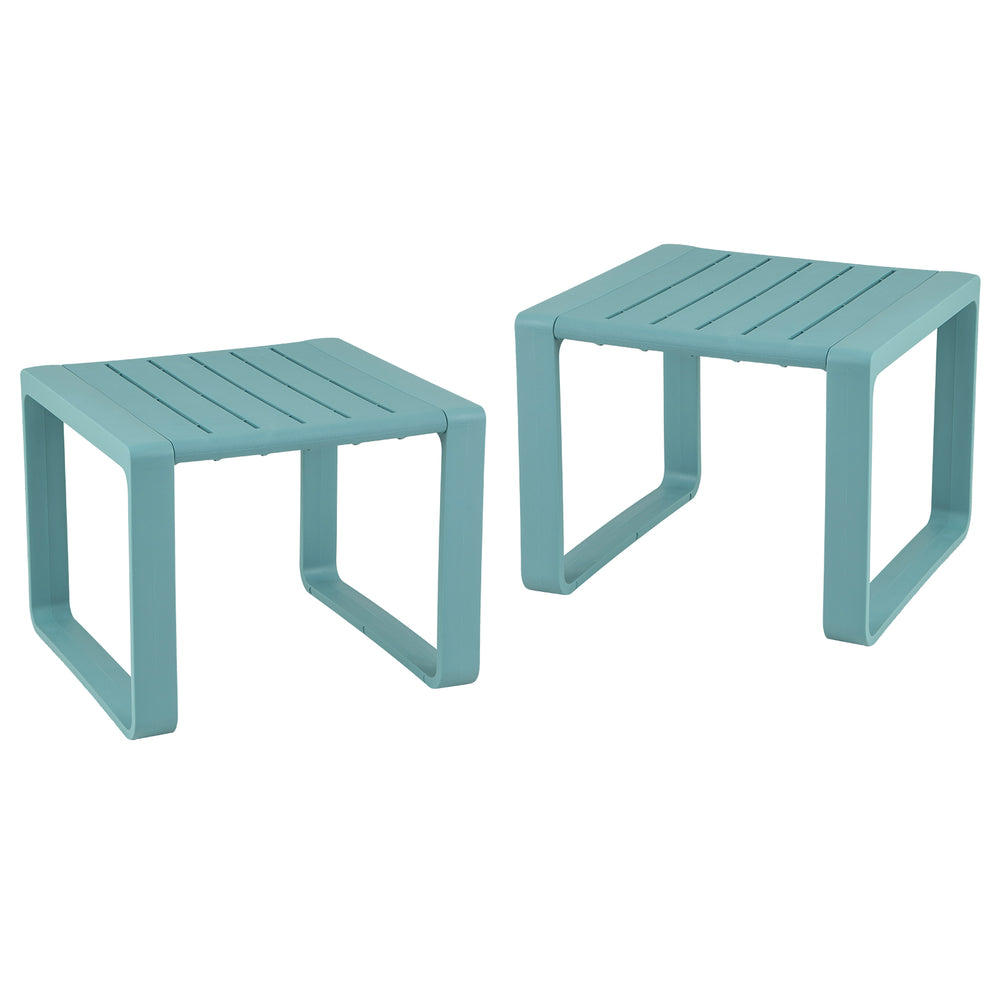Set of 2 blue weather-resistant Adirondack side tables with slatted design, ideal for outdoor use on patios or decks.