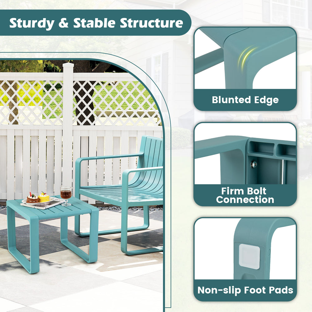 Blue weather-resistant Adirondack side table set with blunted edges and non-slip foot pads, perfect for outdoor use.