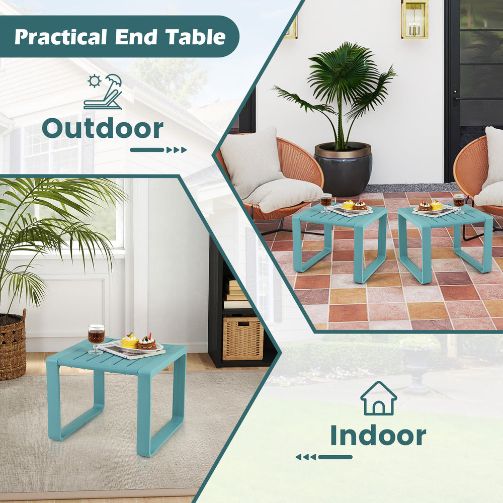 Blue weather-resistant Adirondack side table set of 2, perfect for indoor or outdoor use, featuring a classic slatted.