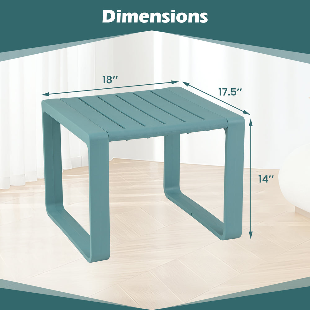Blue weather-resistant Adirondack side table with slatted design, measuring 18" x 17.5" x 14", ideal for outdoor use.