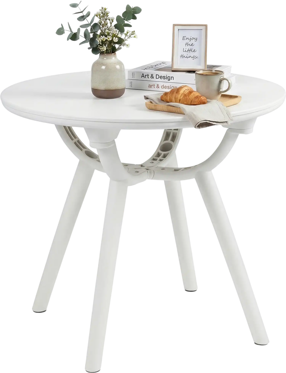 Weather-resistant circular small end table with a 20" round tabletop, ideal for poolside or balcony use.
