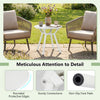 Detail view of the weather-resistant circular small end table's rounded protective edges and sturdy connections for.