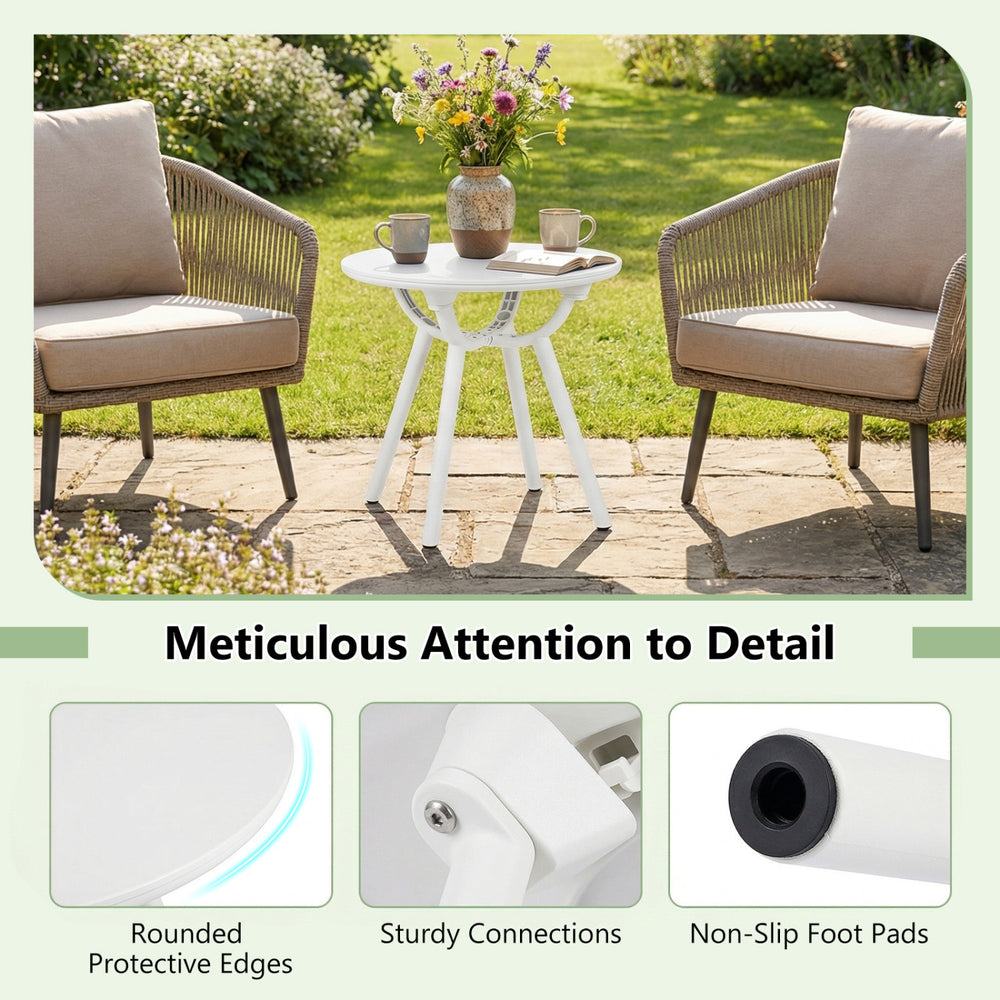 Detail view of the weather-resistant circular small end table's rounded protective edges and sturdy connections for.
