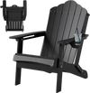 Black folding Adirondack chair made of weather-resistant HDPE with a high backrest and built-in cup holder for backyard relaxation.