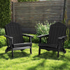 Two black weather-resistant HDPE folding Adirondack chairs with high backrests, perfect for backyard relaxation and comfort.