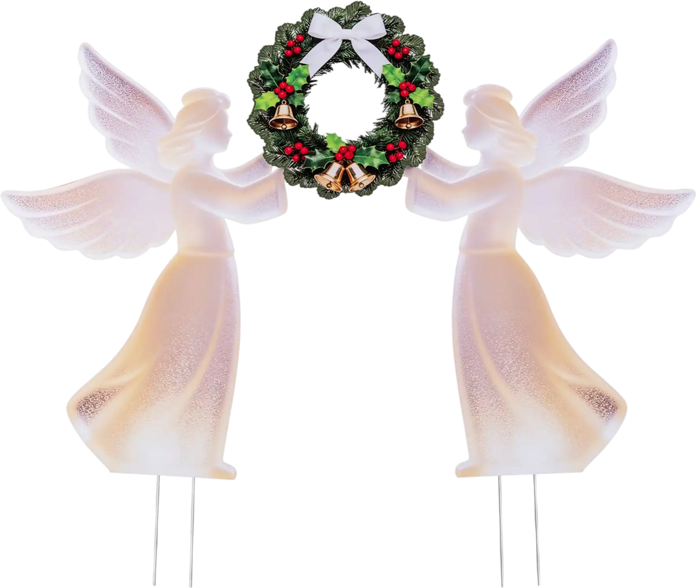 Pink weather-resistant PVC Christmas angel decoration set with wreath, perfect for outdoor holiday displays.